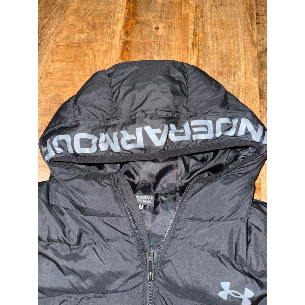 Under Armour Kids Black Gray Colorblock Puffer Jacket Hooded Full Zip YLG Large - Picture 4 of 8